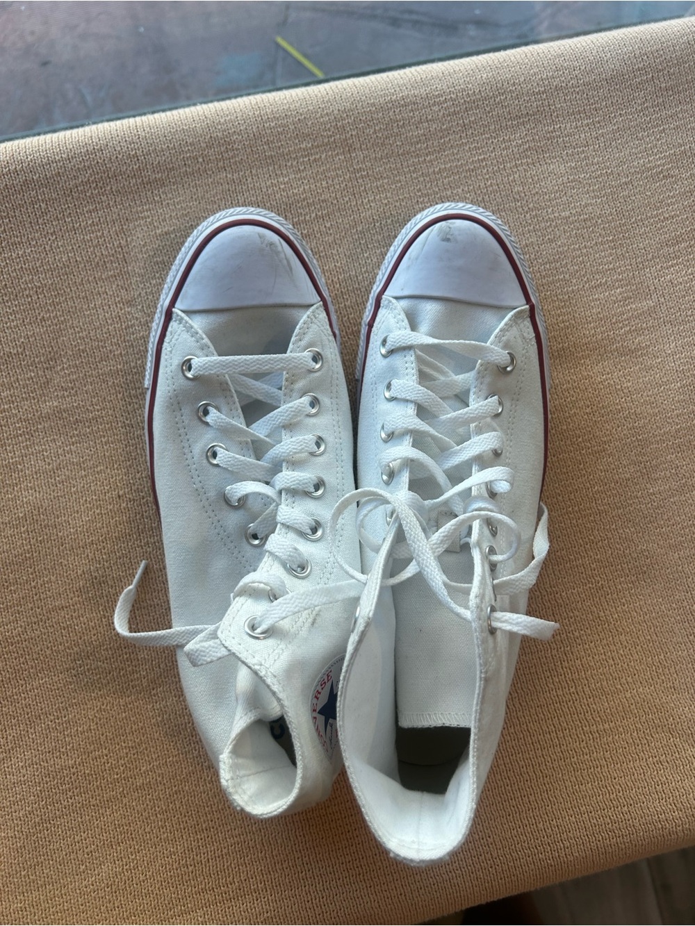 Converse High-Top Canvas Sneakers in White with Navy Logo like new